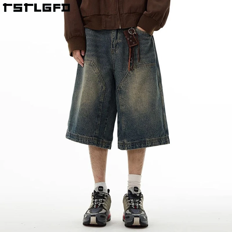 Pantaloncini Cargo Vintage in cotone 100% stampa con Logo personalizzato Hip Hop Vintage lavato Jorts in Denim da uomo con doppio ginocchio Denim pantaloncini larghi