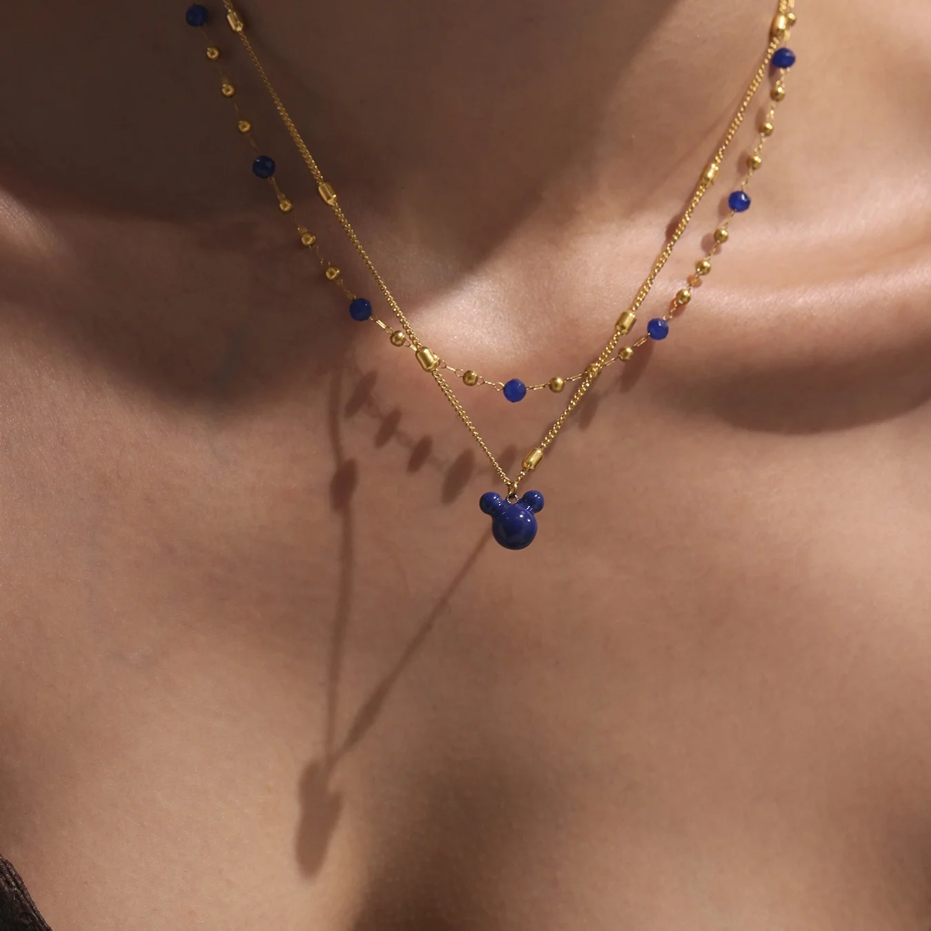 BINSHUO collana di lusso da donna in acciaio inossidabile a doppio strato con ciondolo a forma di orso gocciolante a forma di ciondolo con perline di riso alla luce di cristallo