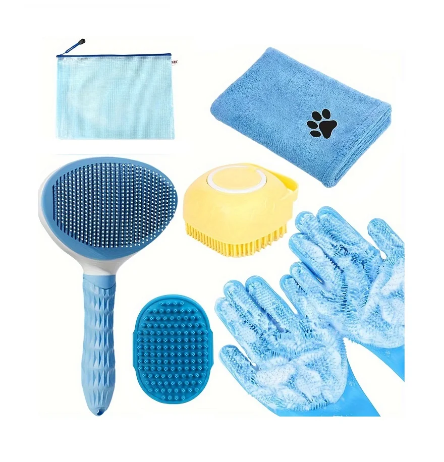 Set di toelettatura per cani 6 in 1 per cani asciugamano da bagno e guanti da lavaggio autopulenti spazzola 6-in-1 Kit per toelettatura per animali domestici per cani da gatto