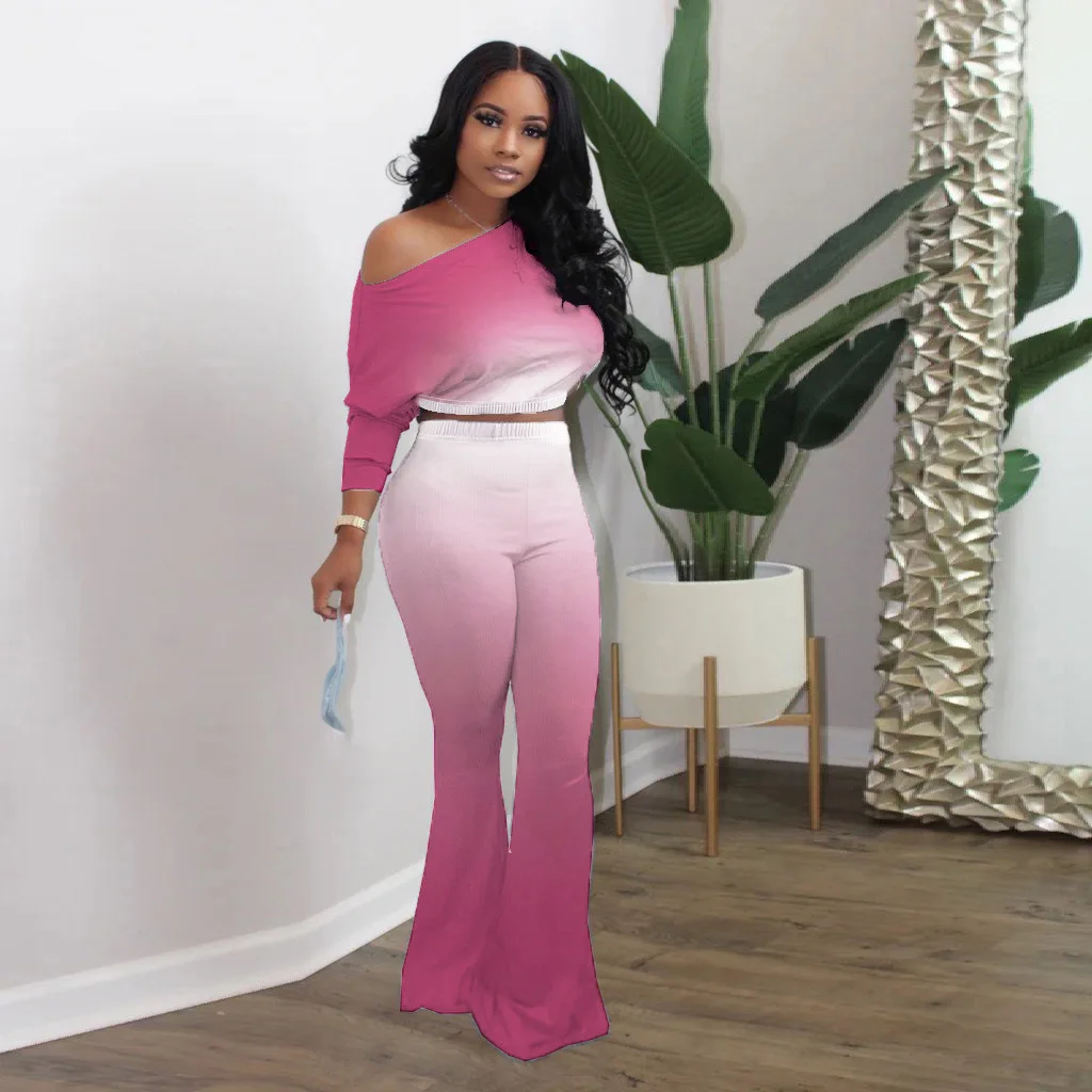 M3023 Completo Estivo da Donna Elegante con Spalle Scoperte Monospalla Sfumato Tinta Unita Maniche Lunghe e Pantaloni a Zampa Due Pezzi