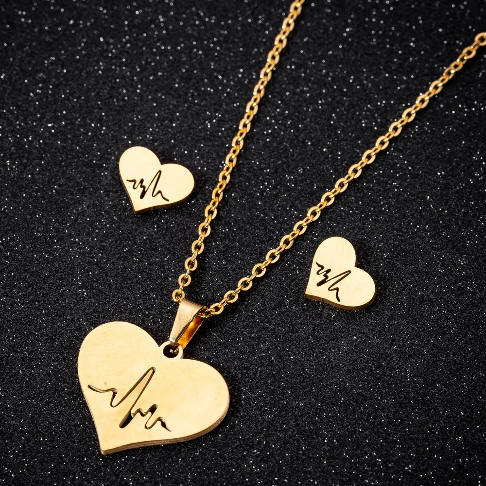 Valentinstag Geschenk 18 Karat Gold Silber Edelstahl Herz Anhänger EKG Herzschlag Ohrring Halskette Schmuck Set für Frauen