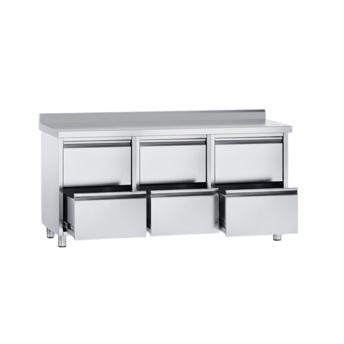 VM Europa Edelstahl Schubladenschrank, 3 Schubladen, mit oder ohne Aufkantung, Premium: 150 x 60 cm / 3 x 3 Schubladen / mit Aufkantung Image