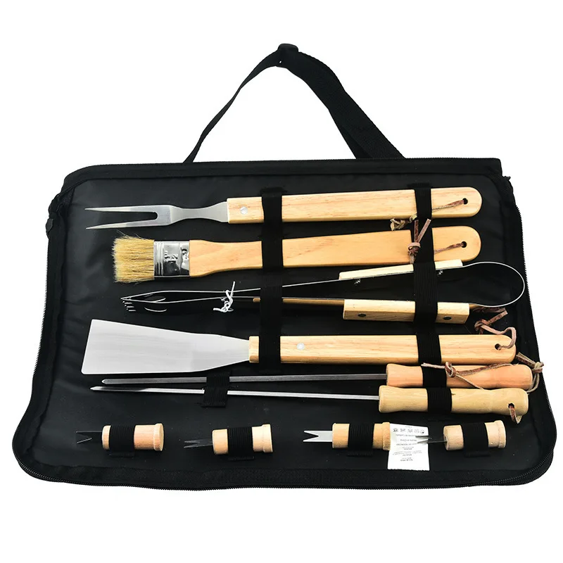 Set di Accessori per Barbecue Portatile 10 Pezzi in Acciaio Inox con Manico in Legno Kit di Utensili per Grigliate all'Aperto per Uomini