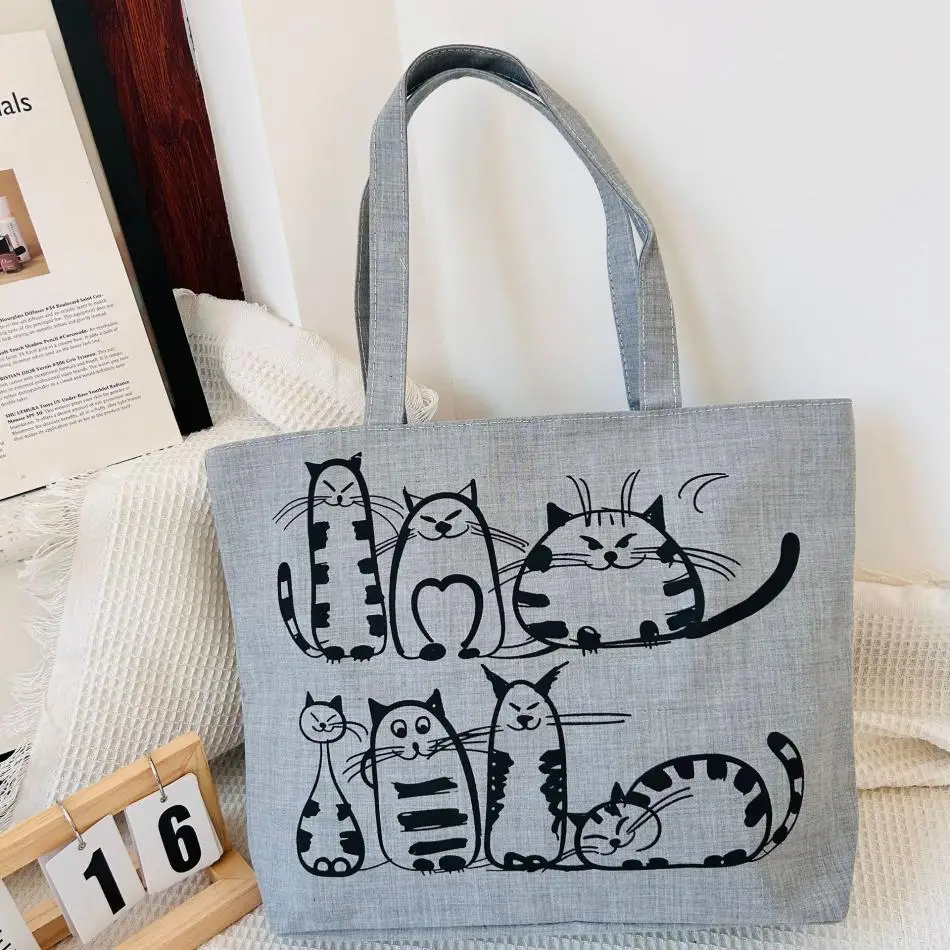 Dessin animé chats imprimé plage sac à fermeture éclair nouvelle mode à la mode large bandoulière rétro femmes mode toile fourre-tout Shopping sacs à main