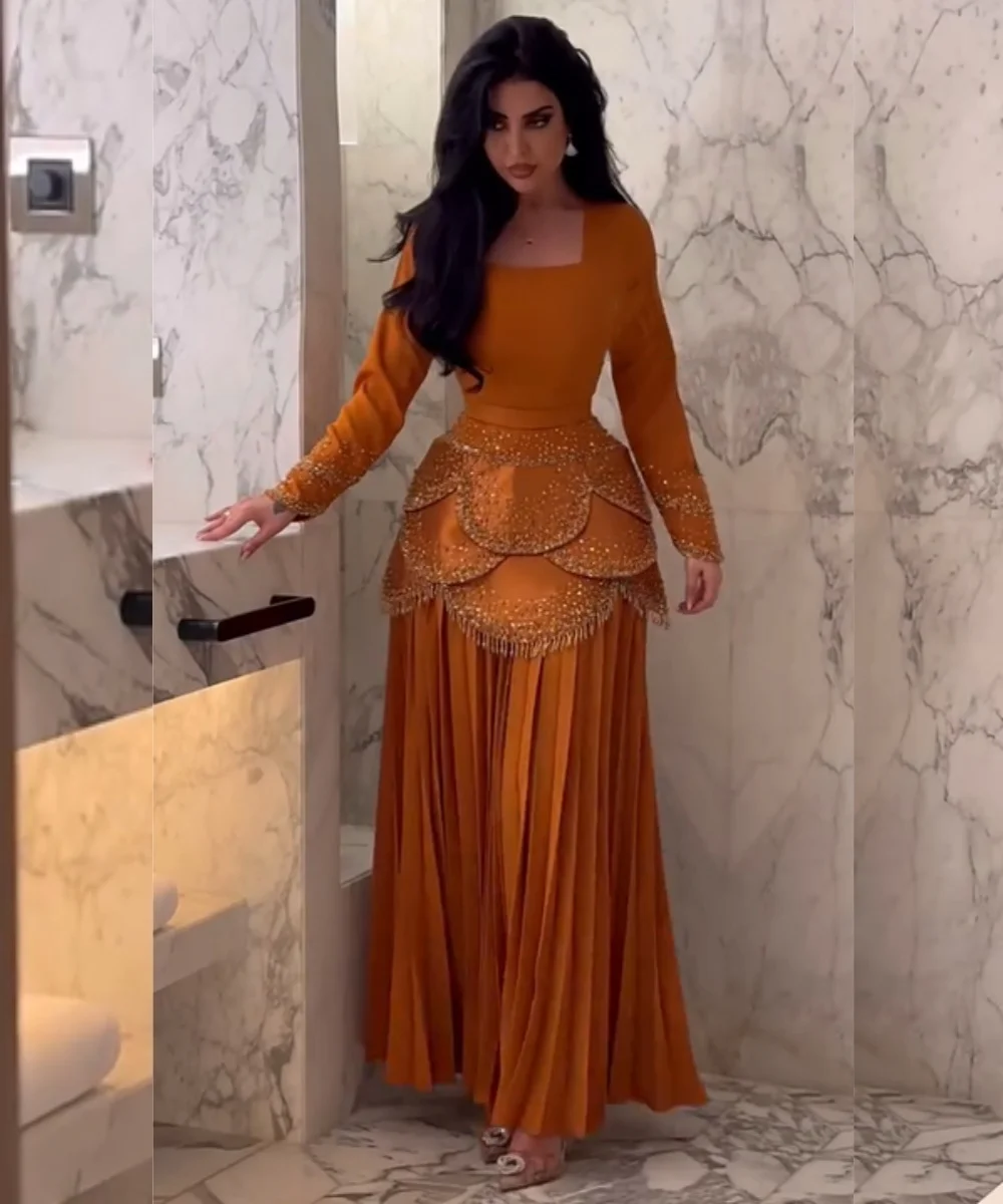 Customized Exquisite Jersey Pleat Sequined Pattern A-line Square Neck LongCelebrity Bespoke Occasion Evening Dresses Fashion