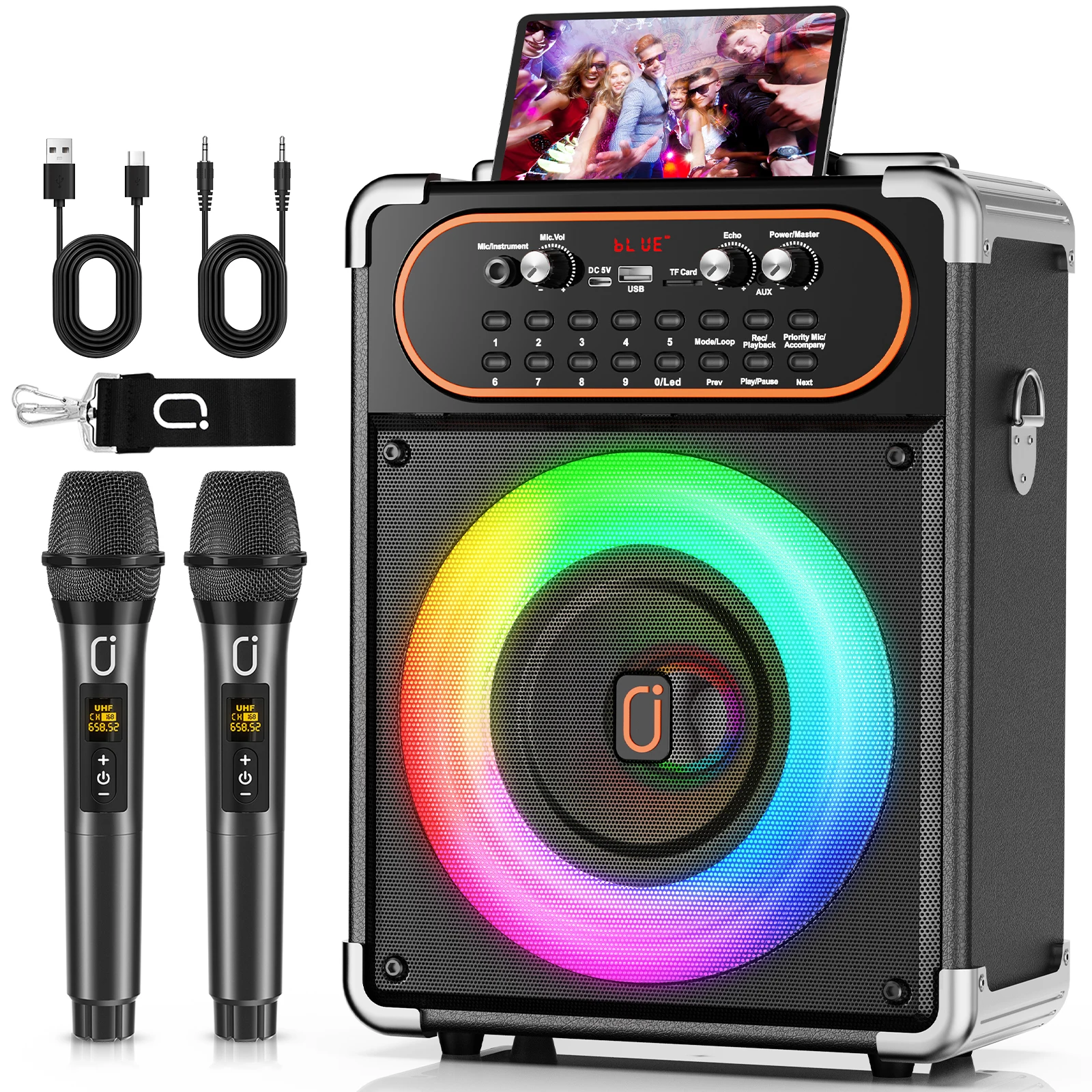 Karaoke-Maschine mit 2 Mikrofonen, tragbarer Bluetooth 5.3-Karaoke-Lautsprecher für Veranstaltungen im Freien, Partys, PA-System, Bühnen-Subwoofer Image