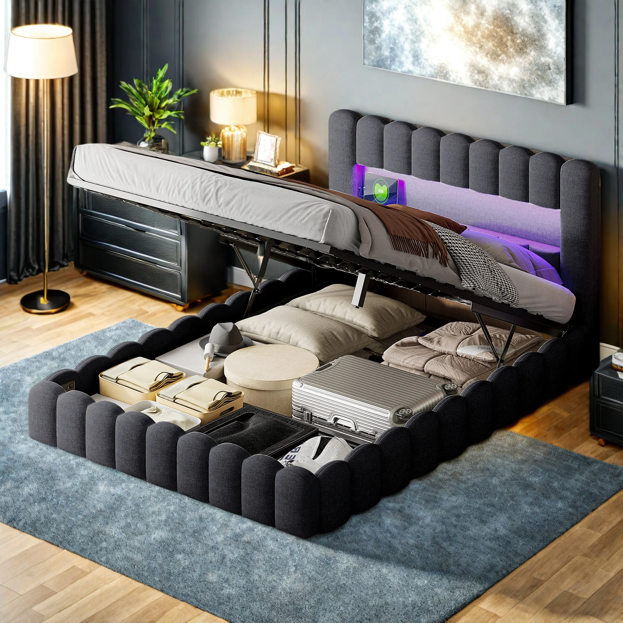 Gepolstertes Bett 140x200 cm, Bubble-Bett, Doppelbett mit Kopfteil, gepolstertes Bett und Lattenrost, flacher Bettrahmen, ohne Matratze Image