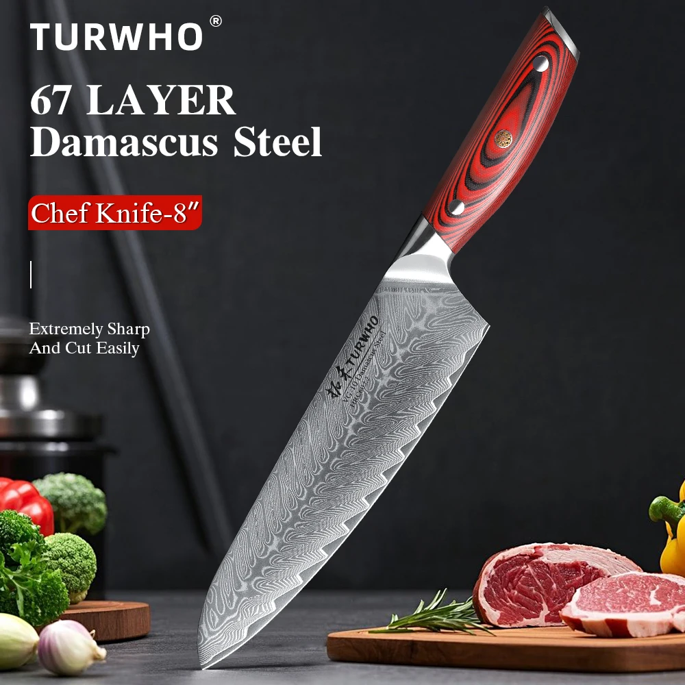 TURWHO 8-Zoll Profi-Kochmesser aus japanischem 67-lagigem Damaszener Stahl, superscharf, für Fleisch und Gemüse, Küchenmesser, Kochutensilien Image