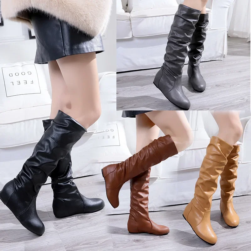 Flache Schuhe Frühling Herbst Frauen Hohe Stiefel Lange Western Cowboy Stiefel Frauen Schuhe Große größe 35-43 2024 Mitte Der Wade Stiefel Frauen