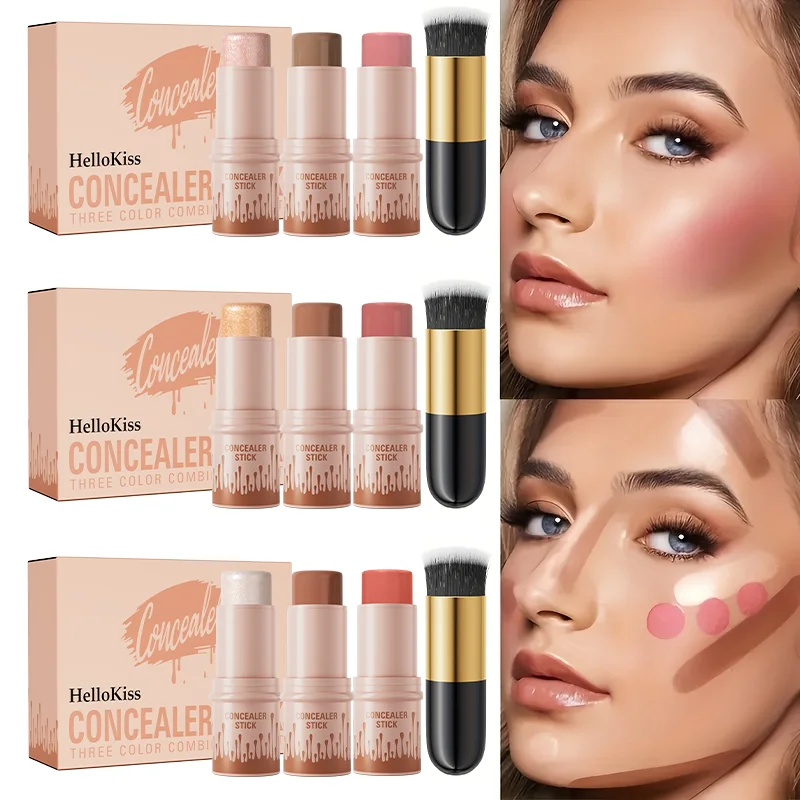 Konturstifte, Highlighter-Stift, Rouge-Stift, 3-teiliges Creme-Konturset inklusive Konturpinsel, für Gesichtskonturen Image