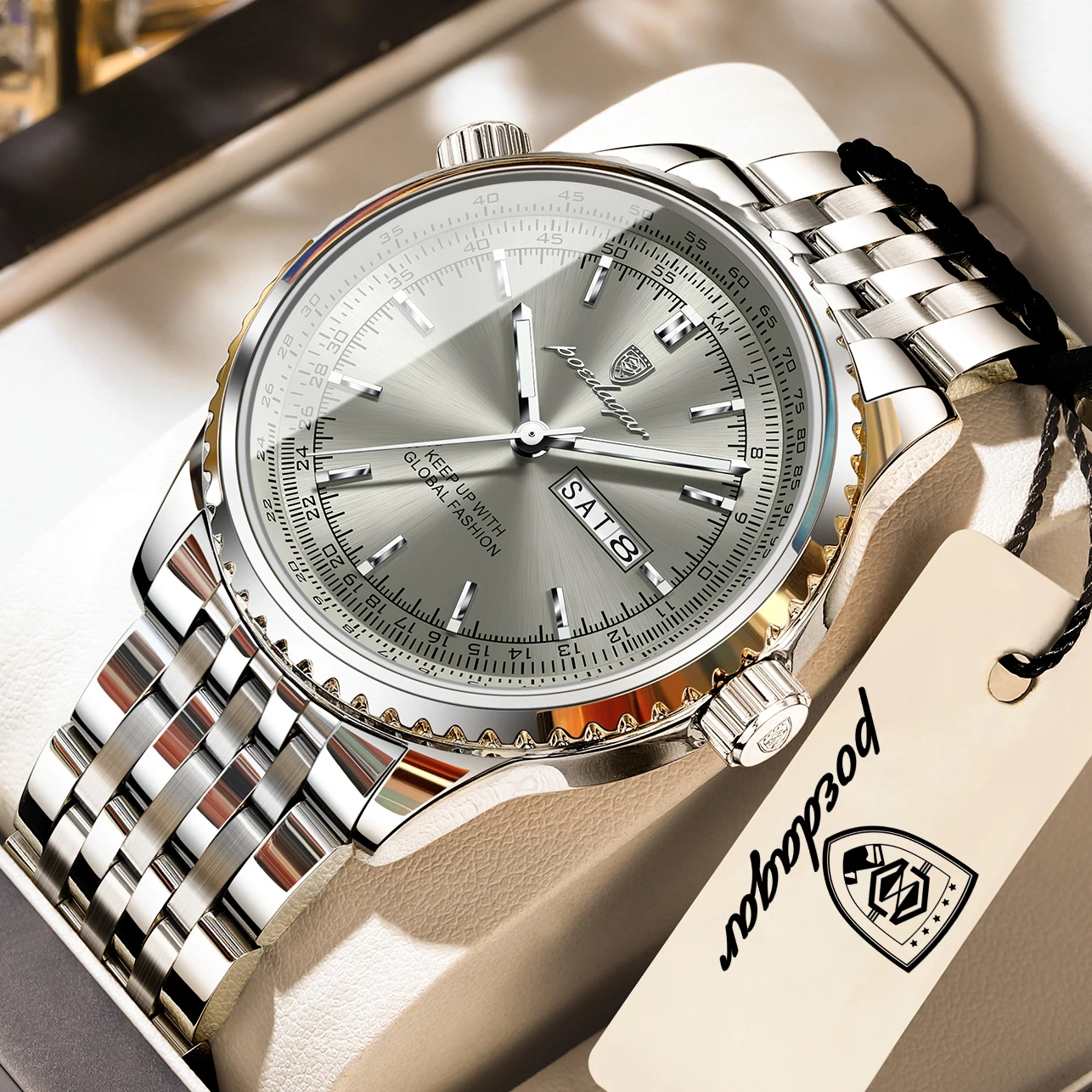 POEDAGAR Modeuhren für Herren, Edelstahl, Datum, Woche, Quarz, Herrenuhr, wasserdicht, leuchtend, luxuriös, Militär-Armbanduhr für Herren Image