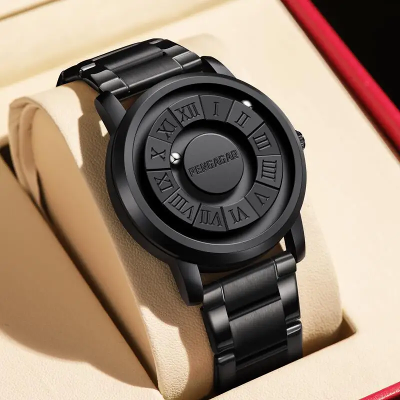 PENGAGAR Herrenuhren, Edelstahl, Quarzuhr, kreativer scrollender Zeiger, magnetische Kraft, Armbanduhr, Relogio Masculino + Box Image
