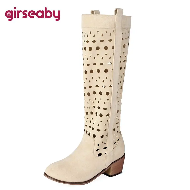 Girseaby 2025 Neue Sommerstiefel, runde Zehen, klobige Absätze, 4,8 cm, Flock-Wildleder, Slip-On, große Größe 45, 46 47, weiche, lässige, tägliche Stiefeletten