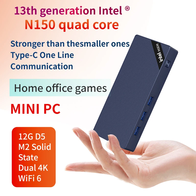 Mini PC Stick Intel N150 Quad Core 13e génération Type-C HD 12 Go LPDDR5 1 To SSD Windows 11 Ordinateur de bureau/à domicile Wifi6 BT5.2