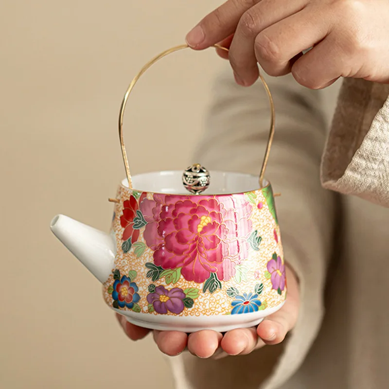 Enamel colored gold silk peony beam pot household kung fu tea set single pot Chinese high-end tea ware brewing teapot