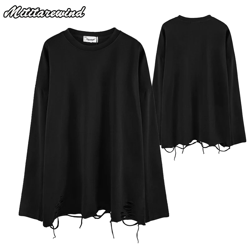 Hip Hop Streetwear Frühling Herbst T-Shirt Männer übergroße T-Shirt Bottom ing Shirt mit Loch reine Baumwolle atmungsaktive Langarm T-Shirts