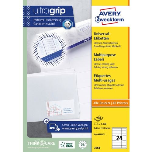 AVERY Zweckform Abziehhilfe QuickPEEL,ultragrip Universaletiketten 3658 Selbsthaftend DIN A4 Weiß 64,6 x 33,8 mm 100 Blatt à 24 Etiketten Image