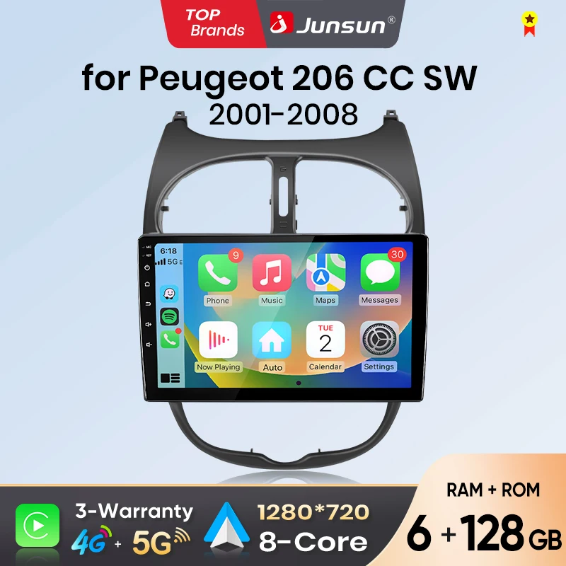 Autoradio Android Auto Junsun per Peugeot 206 206CC 206SW 2001 2002 2003-2008 Multimedia Wireless Apple CarPlay Android Auto Sistemi intelligenti Schermo IPS Lettore video stereo 2 Din Autoradio Head