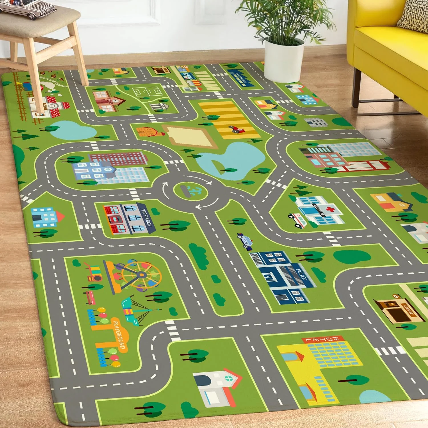 Lehrreicher Stadtplan-Spielteppich für Kinder, Bunter Verkehrsweg- und Gebäude-Teppich, Rutschfeste Waschbare Bodenmatte für Spielzimmer