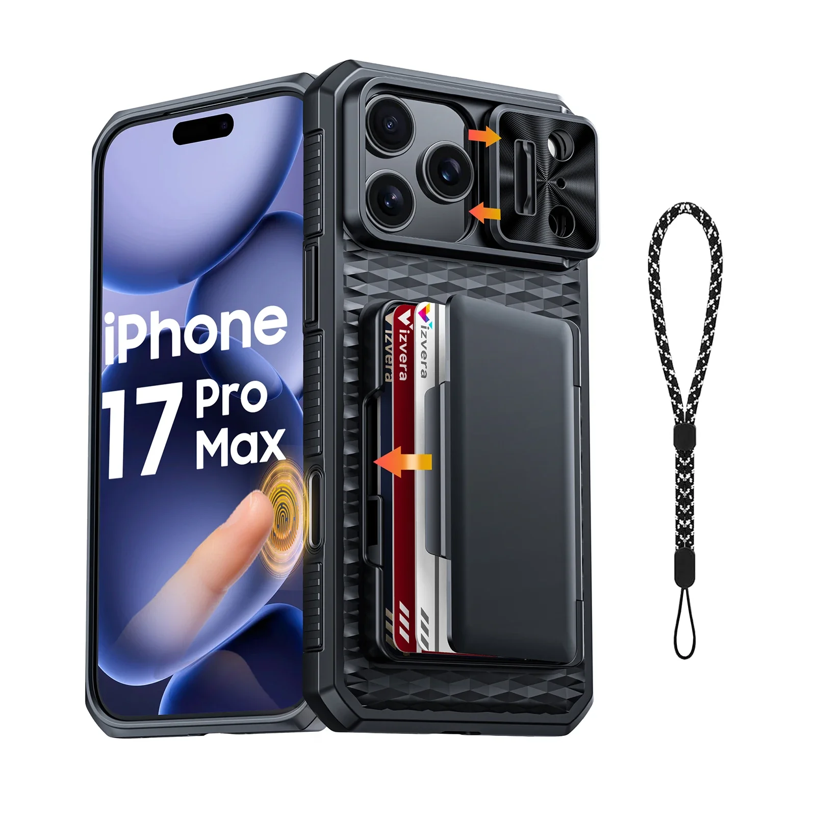 Mit Kartenhalter, verschiebbarer Kameraabdeckung und Ständer für iPhone 17 Pro/17 Pro Max Handyhülle, geeignet für Männer und Frauen - Schwarz Image