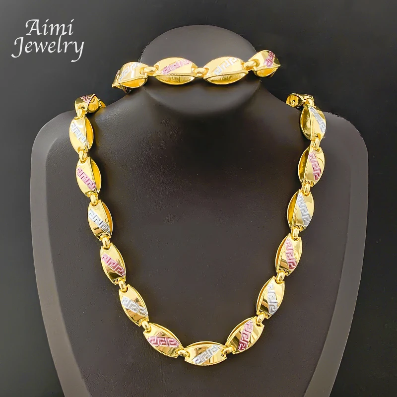 Dreifarbiges, zwei Größen, 18 Karat vergoldetes Schmuckset, Hip Hop, lange Kette, goldenes Halsband, Halskette, Armband, Schmucksets, Partygeschenke