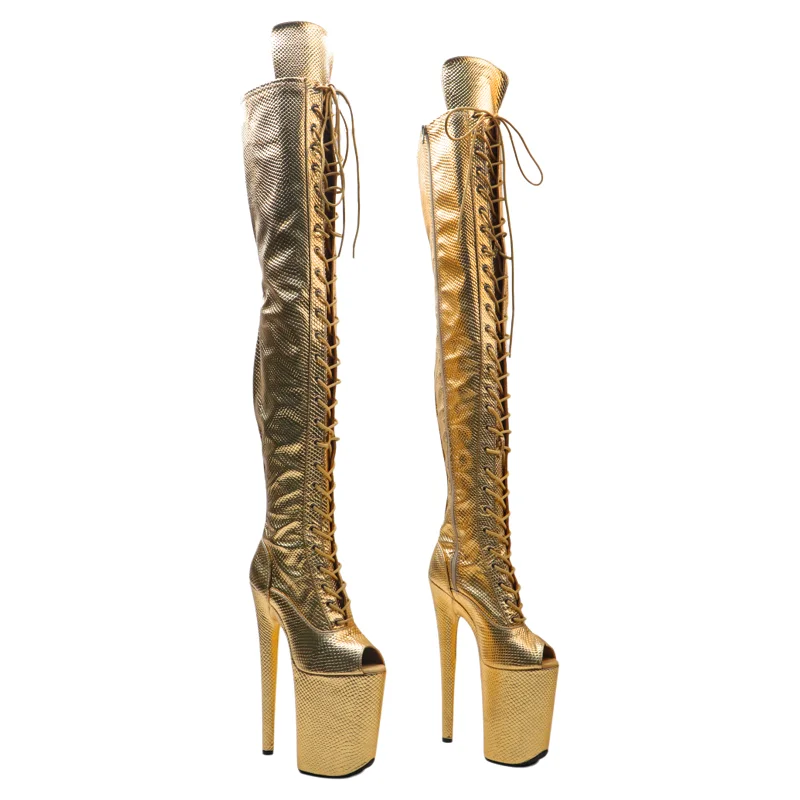 Leecabe 23CM/9 Zoll Schlangen-PU-Stiefel mit hohen Beinen, offene Spitze, modische Trendplattform, hoher Absatz, Stripper-Absatz, Pole-Dance-Stiefel