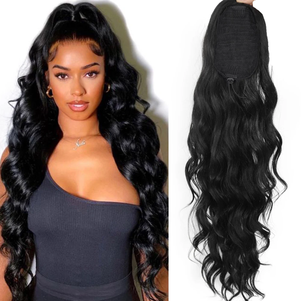 LISI MÄDCHEN Synthetische Lange Wellenförmige Pferdeschwanz Für Frauen 65cm Welle Haar Extensions Mit 2 Kämme Clip In Haarteil Brown schwarz Gefälschte Haar Image