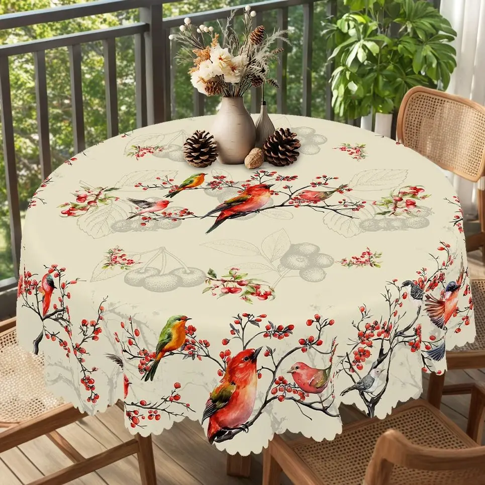 1 Stück Tischdecke mit Blumen- und Vogelmotiven in runder und rechteckiger Form, erhältlich in verschiedenen Größen, mit lebendigen bunten Vögeln und blühenden roten Fruchtzweigen, verziert mit Image