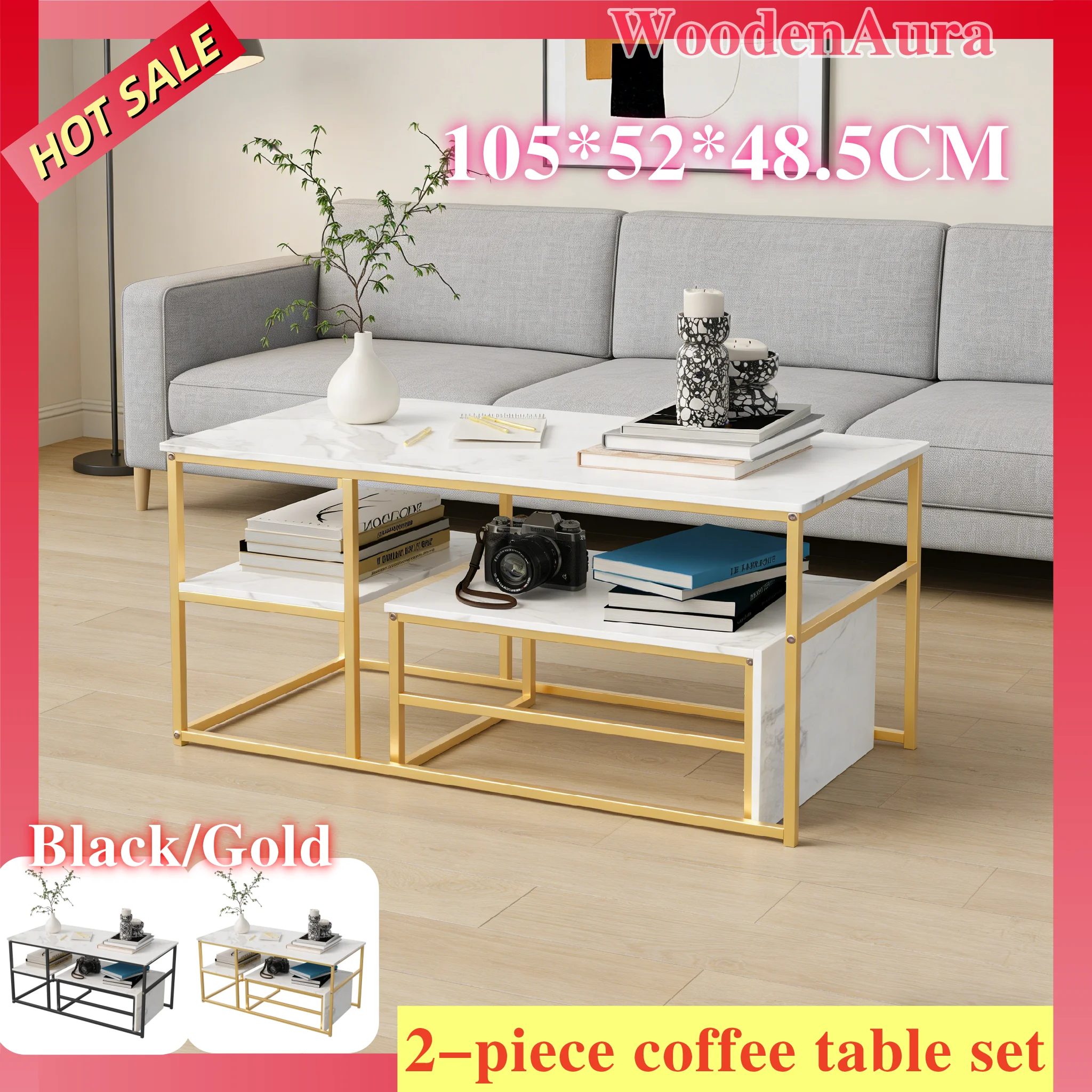 WoodenAura Beistelltisch, Wohnzimmertisch, Couchtisch mit Stahlgestell und Ablagen, Holz-Sofatisch, Metallgestell, schwarz/gold