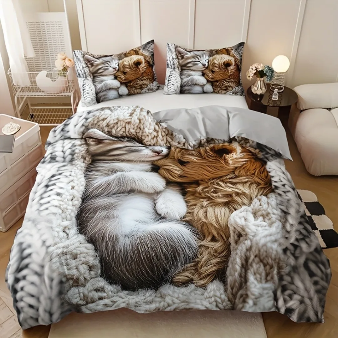 3-teiliges Bettwäsche-Set mit schönen Katzen und Hunden, 3D-gedruckt, gemütlich, bequem, Bettbezug, King-Size-Bett, Twin-Size-Geburtstagsgeschenk, Schlafzimmer-Dekoration Image