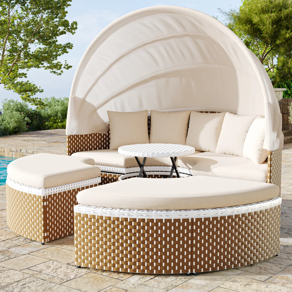 Garten-Lounge-Sessel-Set, Rattan-Gartentisch- und Stuhl-Set, Shell Garden, Ausziehbares Vordach, Höhenverstellbarer Tischplatte