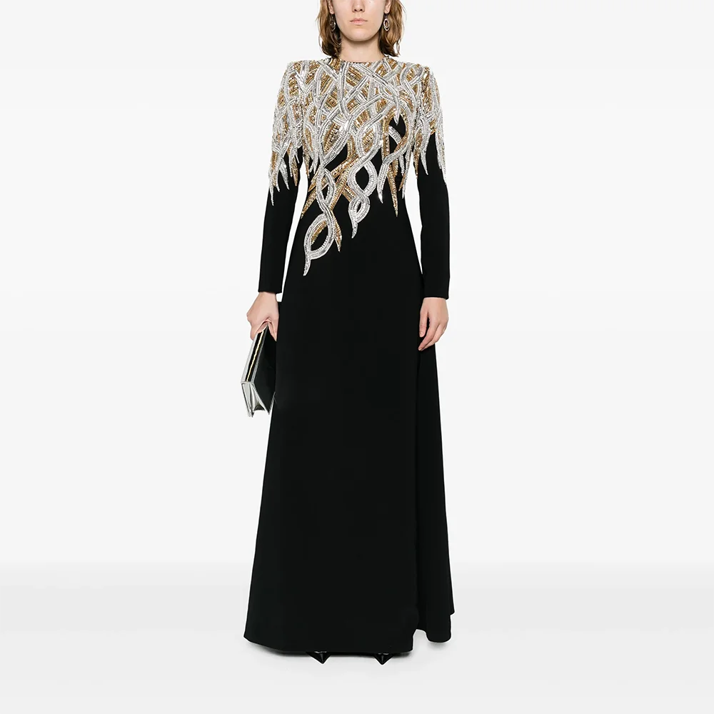 Luxurious Evening Dresses O-Neck Elegant Long Sleeves Bead Crystal Evening Gowns Floor Length Prom Dresses Customized