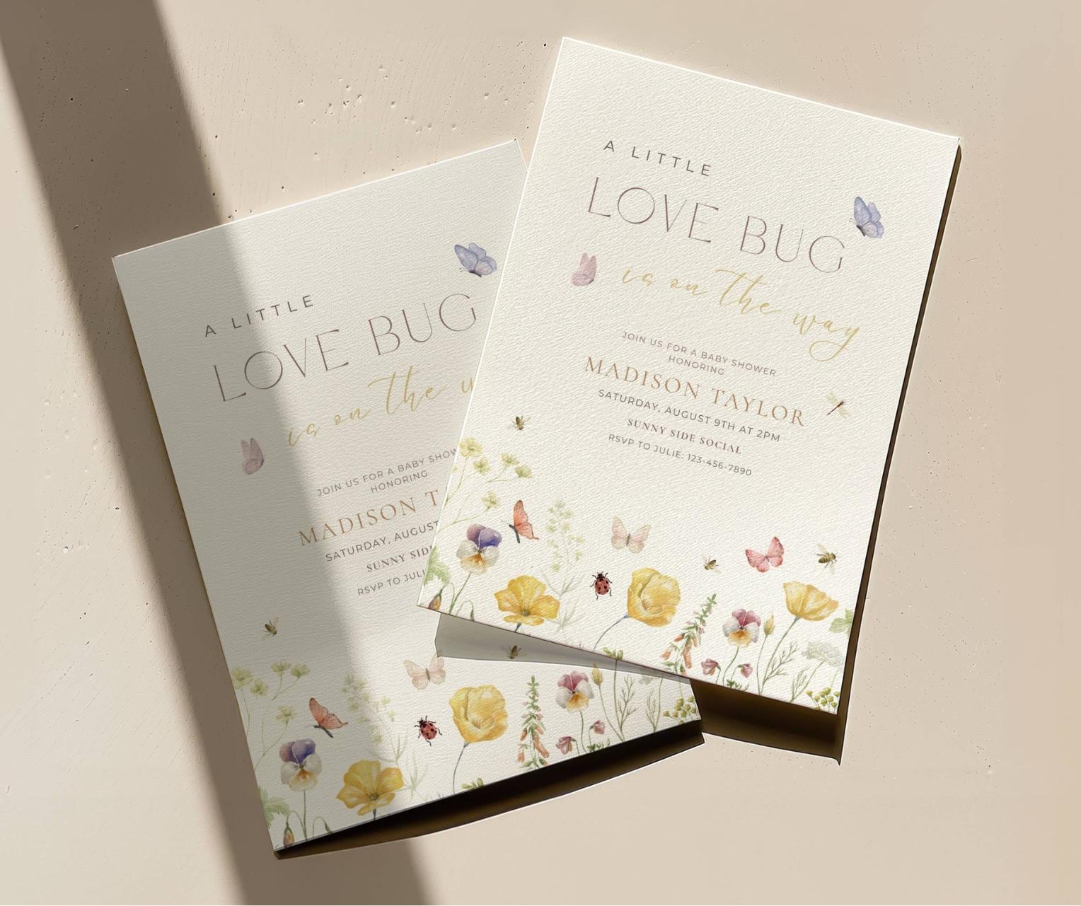 "Invito per baby shower \"Love Bug\", invito per baby shower \"A Little Love Bug Is On Arrival\", baby shower con fiori di campo, gender neutral, modello C"