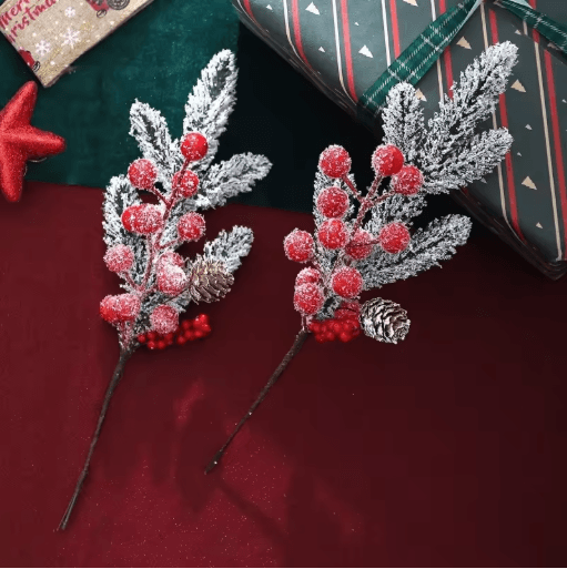 Artificial Pine Branch With Red Holly Berries Christmas Decoration 5 2pcs