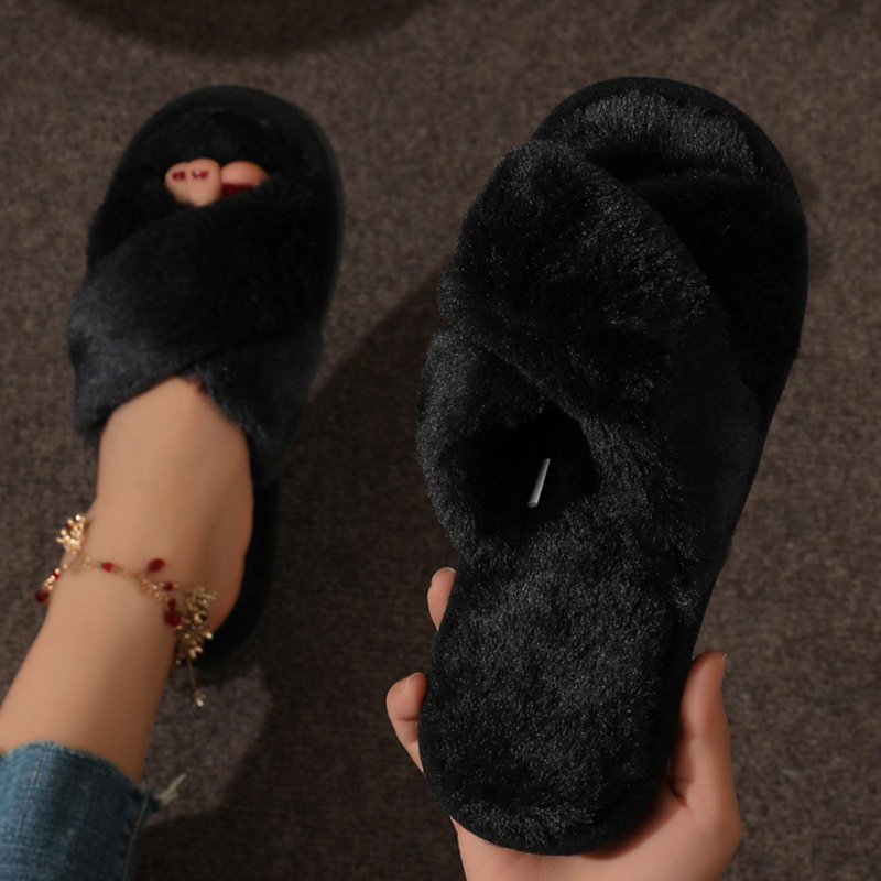 Fashion Cross Strap Faux Fur Slippers Cozy Indoor Plush Slippers For Women Light Warm Home Slides With Flat Heel purple 4