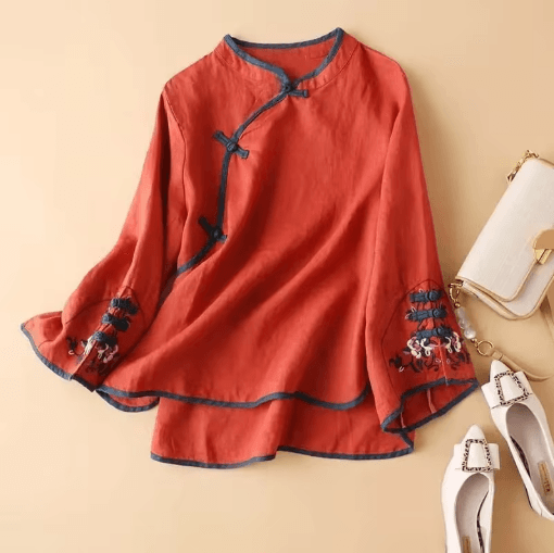 Womens Chinese Style Embroidered V Neck Blouse Loose Fit Artistic Spring Top j215 Blue l