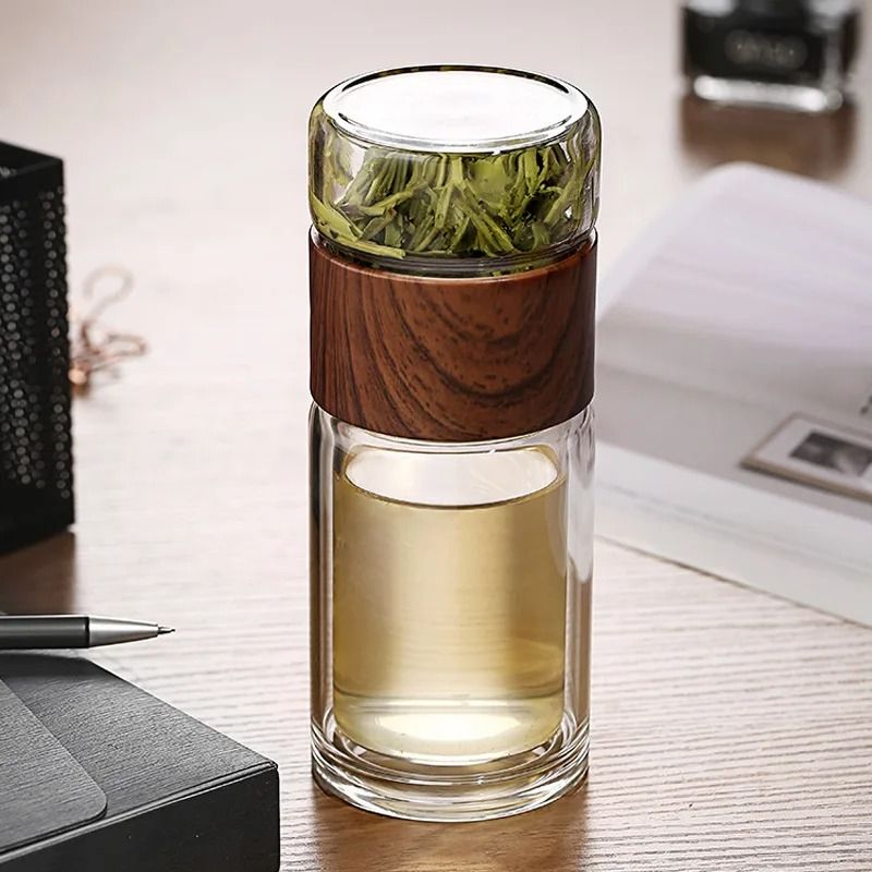 High Quality Double Glass Tea Infuser Bottle wood Color