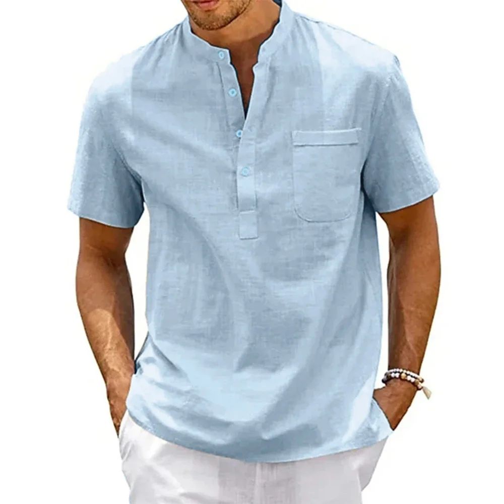 Men's Cotton Linen Henley Shirt Breathable Short Sleeve Casual Beach Tee white us S 110132 Lb