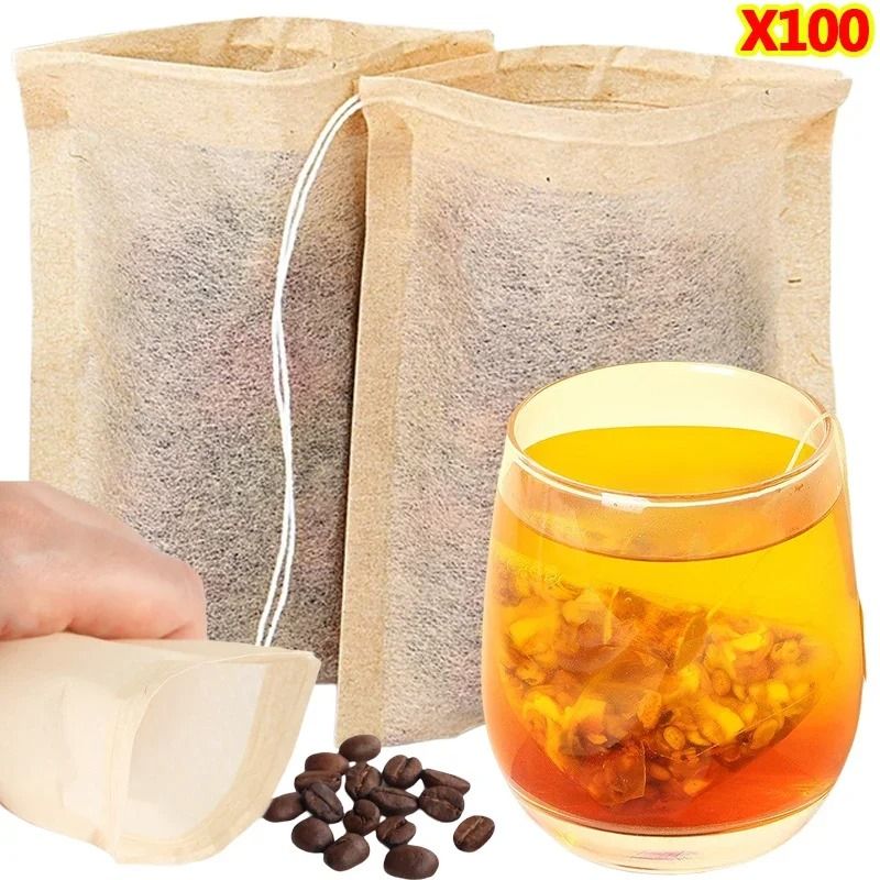 100Pcs Drawstring Teabags | Premium Biodegradable Filter Bags For Coffee, Herbal Medicine & Leaf Tea 5 X 7c M