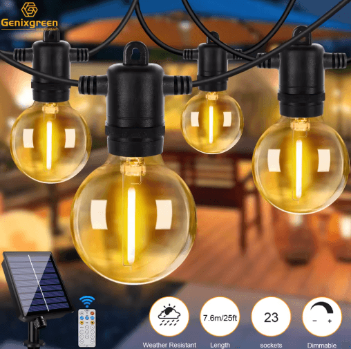 G40 Solar Globe String Lights With Remote Dimmable Waterproof Patio Hanging Lights 7.6m(25ft) 10bulb with Remote Control