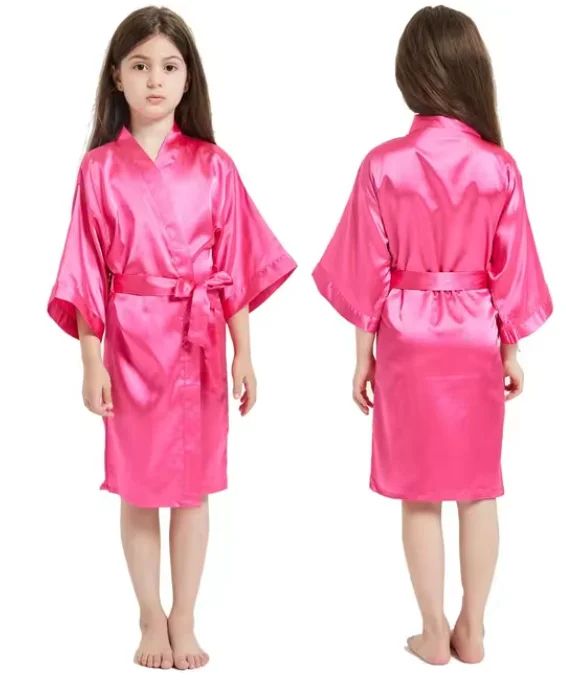 Girls Pink Satin Silk Kimono Robe Kids Short Sleeve Bathrobe Summer Sleepwear Party Dress white 4
