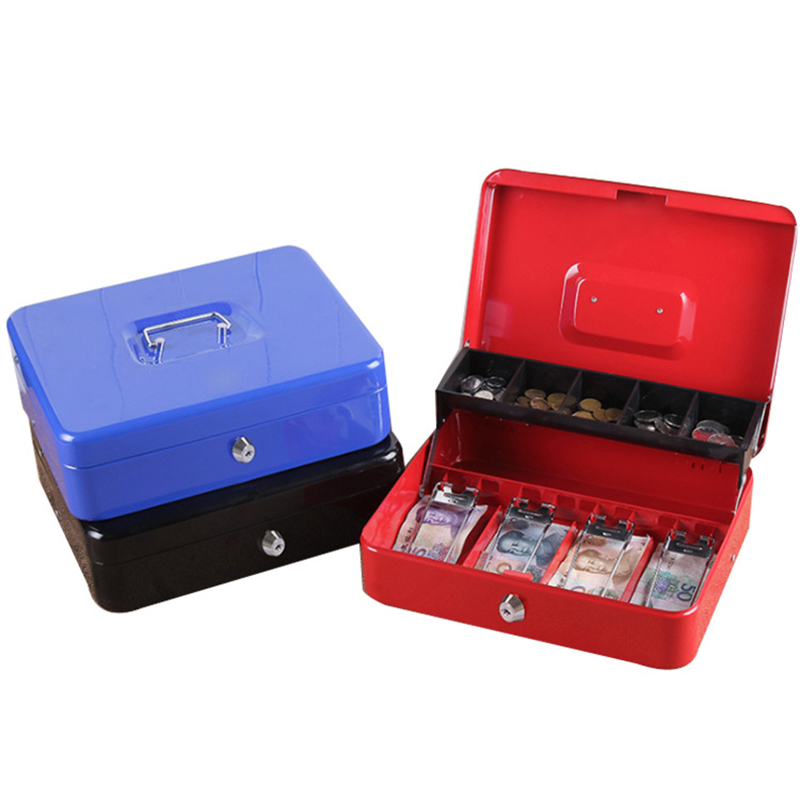Desk Steel Safe Cash Box With Lock Coin Compartment & Bill Clips For Cash Register & Home Organization lock Blue