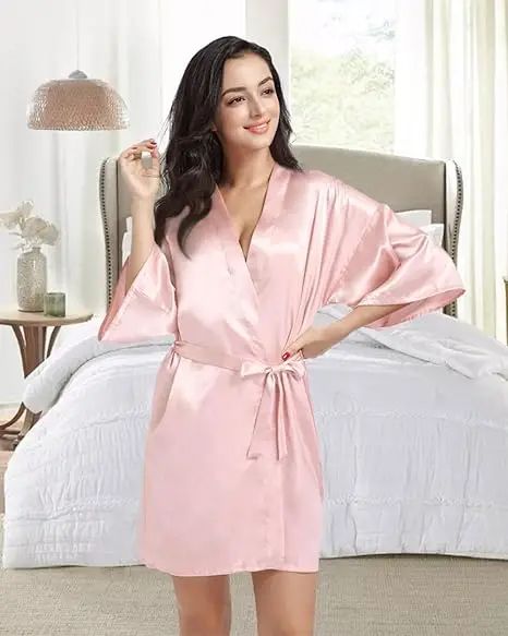 Women's Luxury Satin Silk Kimono Robe Navy Blue Bridesmaid Short Sleeve Bathrobe white 6