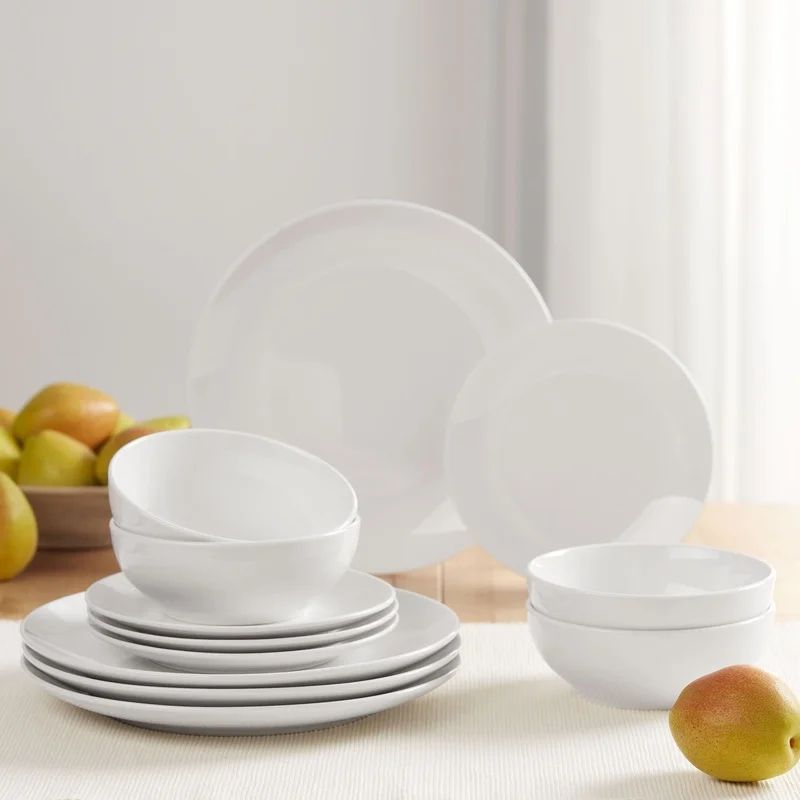 12 Piece White Stoneware Dinnerware Set Elegant Plates & Bowls, Microwave & Dishwasher Safe Tableware For 4 12 Piece White Stoneware Dinnerware Set Elegant Plates & Bowls, Microwave & Dishwasher Safe Tableware For 4