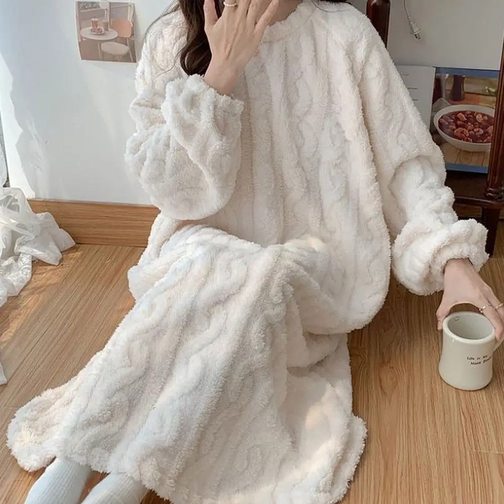 Winter Thickened Flannel Nightgown | Womens Jacquard Warm Sleepwear & Loose Night Dress System e