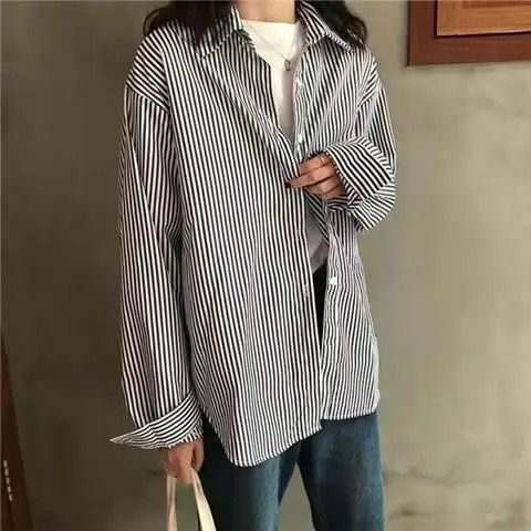 Womens Blue Striped Oversized Shirt Retro Long Sleeve Striped Button Up Blouse blue s