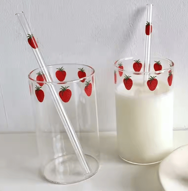 Cute Strawberry Glass Cup With Straw 300ML Borosilicate Aesthetic Drinking Tumbler 2 Cup Straw