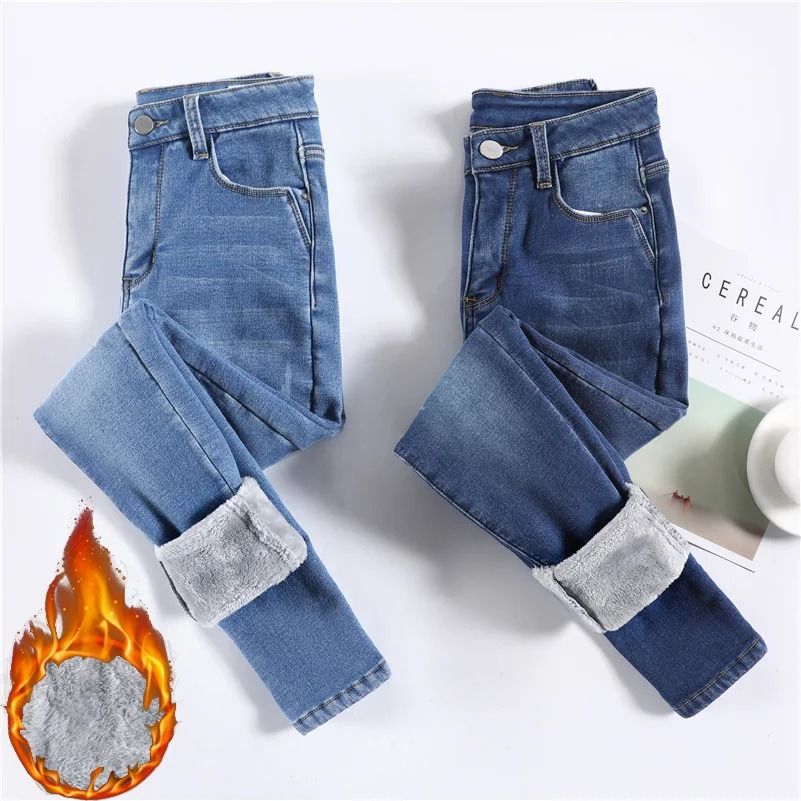 Womens Fleece Lined Thermal Jeans Warm Stretch Skinny Winter Denim Pants denim Blue 30