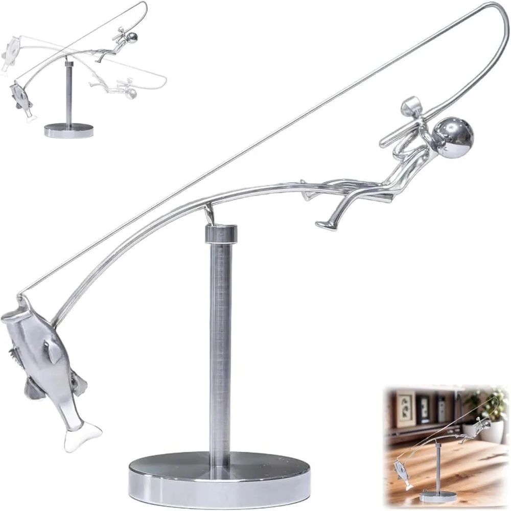 Kinetic Fishing Sculpture Desk Ornament Handmade Balancing Fisherman Metal Art Gift Kinetic Fishing Sculpture Desk Ornament Handmade Balancing Fisherman Metal Art Gift