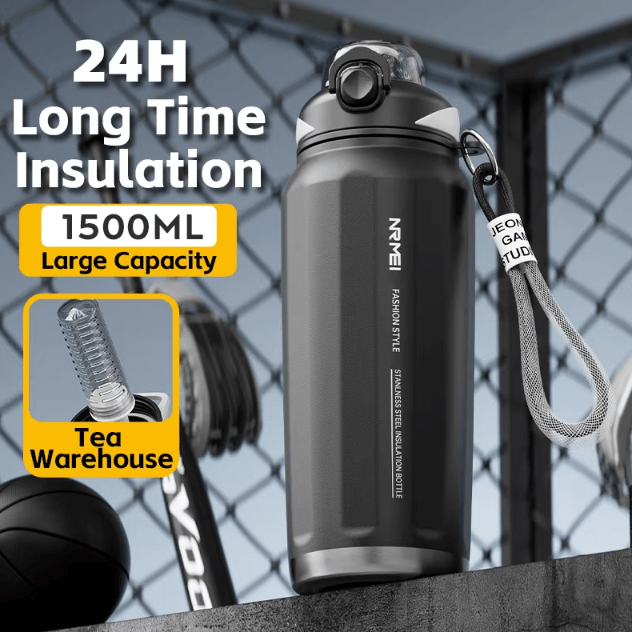 HydroCarry One Button Thermos Bottle Large Capacity Stainless Steel Vacuum Flask With Rope siliver 1500ml